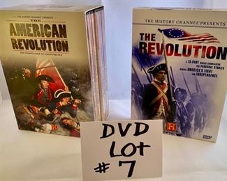 Lot DVD #7. $25.00  History Channel American Revolution (9 discs): The Revolution 13-part series (4 discs); The American Revolution- One Nations Rise to Independence (5 disc).
