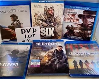 Lot DVD #9. $36.00  Post-911 War Blu-Rays: American Sniper; Lone Survivor; 12 Strong (sealed); Restrepo- One Platoon, One Valley, One Year; Legion of Brothers; History Channel "Six" series (Season 1, sealed)-Inspired by Seal Team Six Missions.