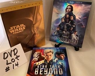 DVD Lot #14. $30.00. Lot DVD 14.  Star Wars Trilogy - 4 Disc Boxed Set, Episode #IV "A New Hope", #V "The Empire Strikes Back", and #VI "Return of the Jedi."  A Star Wars Story, "Rogue One" Blu-Ray + Digital HD, Brand New and Sealed., Star Trek "Beyond"  Blu-Ray Brand New and Sealed, with over an hour of special features.  Great Lot!