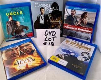 Lot DVD #18. $20.00   Five great Action Movies:  The Man from U.N.C.L.E. Blu Ray, Casino Royale 2 disc Blu Ray starring Hunk Daniel Craig as James Bond, 7 Days in Entebbe Blu Ray (Sealed), Dr. Strangelove starring Peter Sellers, George C. Scott, Stanley Kubrik directs, 5 stars, and Hunter Killer Blu ray with Gerard Butler and Gary Oldman.  Who needs Streaming?!