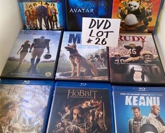 Lot DVD #26. $40.00.   9 Great Family Movies:  1.  Night at the Museum with Ben Stiller, 2) Avatar (directed by James Cameron, 3.  Kung Fu Panda w/Jack Black, Animated, 4.  The Blind Side w/Sandra Bullock w/Football Theme, 5.  MAX...Best Friend, Hero, Marine - Dog Hero, 6. Rudy - True Story about unlikely Notre Dame Football Hero, 7. The Hobbit (first of the Lord of the Rings saga), 8.  The Hobbit: Desolation of Smaug, and 9.  Keanu - by and starring Jordan Peele & Keegan-Michael Key.   