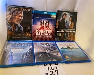 Lot DVD #27. $45.00.  Something for Everyone!  1. "Everest" Blu Ray about Climbing Mt. Everest, 2. "The Walk"  Robert Zemeckis directs Blu Ray, 3,  "Walk the Line" Joaquin Phoenix and Reese Witherspoon bio pic of Johnny Cash, 4.  "Crazy Heart" Stars Jeff Bridges as a Country Singer, 5. "The Shallows," starring Blake Lively and 6. PBS Ken Burns Documentary "Country Music" 16-hour documentary series,  which can sell online between $29-$92.00
