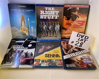 Lot DVD #28.  $24.00.  SPEED!  6 Titles:  1) Discovery Channel "When We Left Earth: The Nasa Missions (4DVD set), 2) "The Right Stuff" Academy Award Winners, About early Space Mission i.e. John Glenn, 3.  "3" Starring Barry Pepper as Dale Earnhardt, 4. Fast & Furious 6,   #5. Senna, and #6. Rush, directed by Ron Howard.  