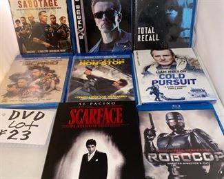 Lot DVD #23. $32.00. 8 Fab Action Movies ++  1.  Robocop Blu Ray, 2. Total Recall Blu Ray, 3. Terminator 2: Judgment Day, 4. Non-Stop Blu Ray, starring Liam Neeson, 5. Cold Pursuit by Liam Neeson as well, 6.  Sicaro (New, Sealed) Blu Ray Benicio del Toro, Josh Brolin, Emily Blunt, 7.  Scarface Platinum Edition.  Starring Al Pacino. 8. Sabotage Blu Ray starring Arnold Schwarzenegger.  