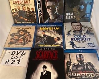 Lot DVD #23. $32.00.   8 Fab Action Movies ++  1.  Robocop Blu Ray, 2. Total Recall Blu Ray, 3. Terminator 2: Judgment Day, 4. Non-Stop Blu Ray, starring Liam Neeson, 5. Cold Pursuit by Liam Neeson as well, 6.  Sicaro (New, Sealed) Blu Ray Benicio del Toro, Josh Brolin, Emily Blunt, 7.  Scarface Platinum Edition.  Starring Al Pacino. 8. Sabotage Blu Ray starring Arnold Schwarzenegger.  