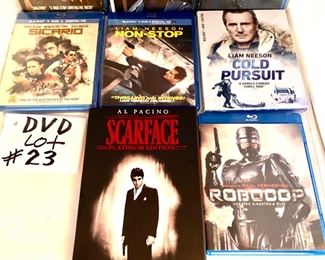 Lot DVD #23. $32.00.   8 Fab Action Movies ++  1.  Robocop Blu Ray, 2. Total Recall Blu Ray, 3. Terminator 2: Judgment Day, 4. Non-Stop Blu Ray, starring Liam Neeson, 5. Cold Pursuit by Liam Neeson as well, 6.  Sicaro (New, Sealed) Blu Ray Benicio del Toro, Josh Brolin, Emily Blunt, 7.  Scarface Platinum Edition.  Starring Al Pacino. 8. Sabotage Blu Ray starring Arnold Schwarzenegger.  