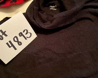 Lot 4893. $85.00  Lot of 4 garments made by "Madewell": 100% Merino Wool Sweater Midi Dress (xs, 43"long), Buffalo Check pullover lightweight flannel shirt, cotton turtleneck slubknit tee (s), color block wool-blend sweater (xs) 