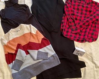Lot 4893. $85.00  Lot of 4 garments made by "Madewell": 100% Merino Wool Sweater Midi Dress (xs, 43"long), Buffalo Check pullover lightweight flannel shirt, cotton turtleneck slubknit tee (s), color block wool-blend sweater (xs) 