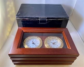 Lot 4906 $44.00  Brand New Dual Time Desk Clock with Wood and Glass Case by Linden #1285