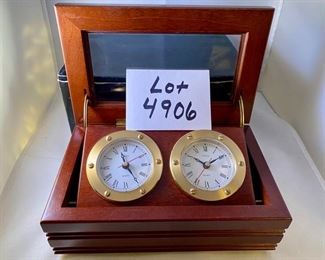Lot 4906 $44.00  Brand New Dual Time Desk Clock with Wood and Glass Case by Linden #1285