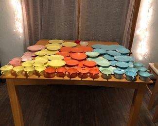 Lot 29 
Hard to find mid-century Collection of 69 pieces Melmac Mallo-Belle  plates, cups , lids and more 
All different colors 
Plastic material 
Selling collection complete 
Has a couple small scratches and needs some tlc they have some wear $45 for the whole bundle