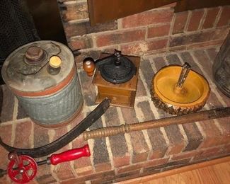 Vintage gas can, barber strap, coffee grinder, nut cracker bowl