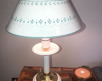 Vintage retro white 18” tall metal toleware table lamp with metal shade Art Deco
