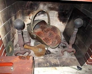 Brass coal scuttle and andirons
