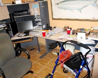Office tables, work console, chairs, flat screens