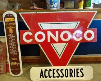 Original porcelain double-sided Conoco, Nash thermometer, and Accessories sign