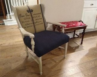 Vintage chair in French fabric and antique bench