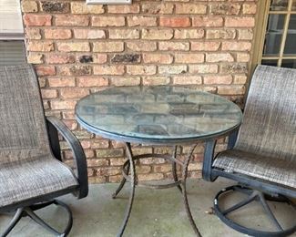 Larger patio table; 2 swivel chairs