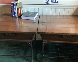 Two wood and metal side tables