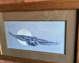 Framed owl art by Nancy Lawrence