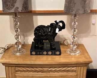 One of two nightstands; lovely matching lamps; elephant decor