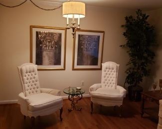 Living room chairs, occasional table, art and artificial tree.  Overhead lamp is also for sale.