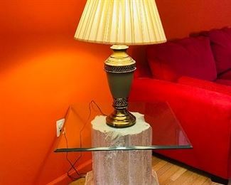 1 of 2 Handmade Column Pedestal Side Tables with Glass Top and Plaster Base engraved 'STET FORT' translated as 'Steadily On', Lamp