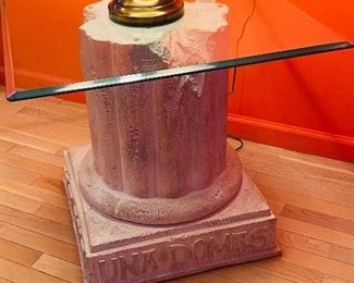 1 of 2 Handmade Column Pedestal Side Tables with Glass Top and Plaster Base engraved 'UNA DOMUS'