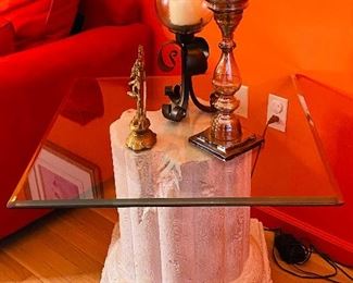 2 of 2 Handmade Column Pedestal Side Tables with Glass Top and Plaster Base engraved 'STET FORT' translated 'Steadily On'