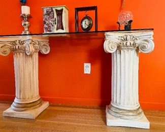 Handmade Column Pedestal Console Table with Glass Top
