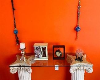 Handmade Column Pedestal Console Table with Glass Top; Candleholders, Jewelry Cabinet, Desk Clock, Hanging Accents