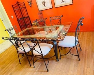6-seater Fortunoff Dining Table with Glass Top and Wrought Iron Chairs