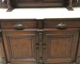 Large Walnut Marble Top Sideboard With Etegere' Top With Figural Goat 