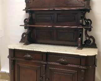 Large Walnut Marble Top Sideboard With Etegere' Top With Figural Goat