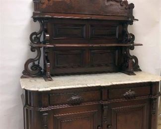 Large Walnut Marble Top Sideboard With Etegere' Top With Figural Goat