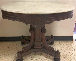 Oval Walnut Victorian Marble Top Parlor Table