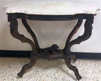 Walnut Marble Turtle Top Parlor Table With Dog Figurine