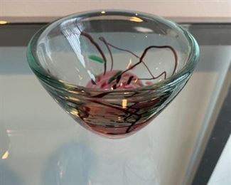  $45       Art Glass bowl with decorative pink spiral design, 4.5" diameter, 3"h
