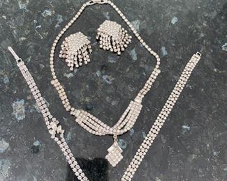 $85                A14          4 pc vintage  rhinestone set, necklace , clip earrings, 2 bracelets