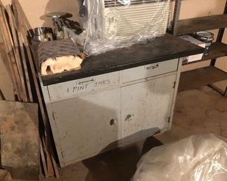 Small chemistry bench metal with drawers/doors stone top