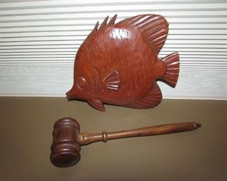 •	Item 11: Wooden carved fish plaque and wooden gavel. Fish is approximately 9”wide x 8”tall x ½” deep. Gavel is approximately 10”long x 2.75”tall x 1.75” deep. PRICE FOR THESE 2 ITEMS: $20.00