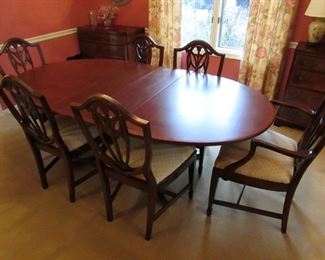 •	Item 28: Vintage mahogany dining table with (2) 10.5” leaves, custom pads, and (6) chairs. Appears to have been professionally refinished, reinforced, and reupholstered. Some scattered areas of scuffing to top as expected for age. Would benefit from polishing. Without leaves, table is 59”long x 41.75”deep x 28.75”tall. Side chairs are 21.5”wide x 17.5”deep x 38”tall. Arm chairs are 22.5”wide x 18.5”deep x 38”tall. PRICE FOR TABLE WITH CHAIRS: $550.00