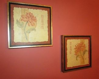 •	Item 30: Set of (2) Asian-style floral prints. 13.5” square x 1.75” deep. PRICE FOR PAIR: $35.00