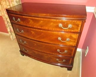 •	Item 33: Vintage Fancher Georgian-style banded mahogany bowfront chest. 35.25”wide x 18”deep x 32.5” tall. PRICE: $225.00