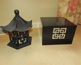 •	Item 54: Two Asian-style accessories. Black lacquer box that is 8.5”wide x 8.5”deep x 5.5”tall AND black iron pagoda that is 8.5”wide x 5.5”deep x 9” tall. PRICE FOR TWO PIECES: $20.00