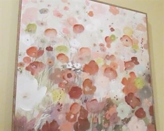 •	Item 56: Abstract canvas print of flowers. 27.5” square x 1.5” thick. PRICE: $35.00