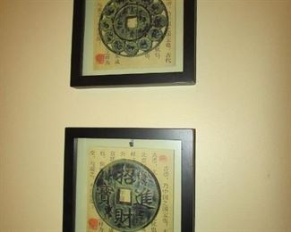 •	Item 58: (2) Asian-style framed plaques. Approximately 8.25” square x 1” thick. PRICE FOR PAIR: $30.00