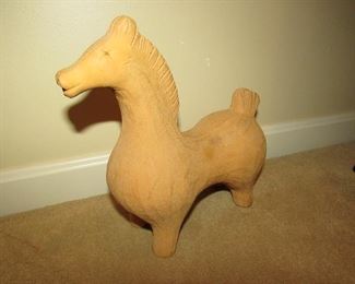 •	Item 65: Terracotta horse figurine. No makers mark found. Approximately 10.5” wide x 3” deep x 9.5” tall. PRICE: $20.00