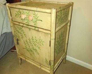 •	Item 71: Painted bamboo-style side chest. Wear to paint mainly on top. 18.5” wide x 13” deep x 28” tall. PRICE: $35.00
