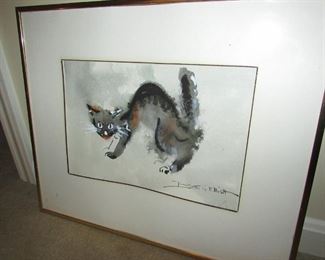 •	Item 85: Bette G. Elliott framed watercolor with ink painting. Titled “Faunadoodle.” Light rippling to paper. 16.25” wide x 13.25” tall. PRICE: $40.00